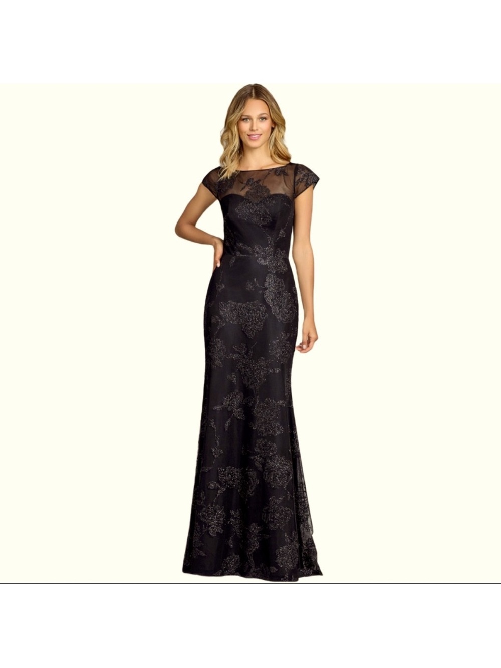Black Floral Beaded Dress with Sheer Bateau neckline Size 12